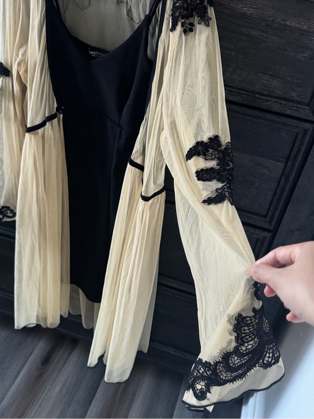 Nasty Gal Black Slip Dress with Cream Embroidered Sheer Duster - Picture 4 of 10